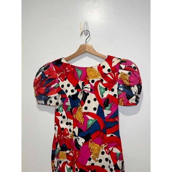 Morton Myles Vintage y2KPuff Sleeve Polka Dots Print Sequined Party Dress Women - Picture 3 of 10